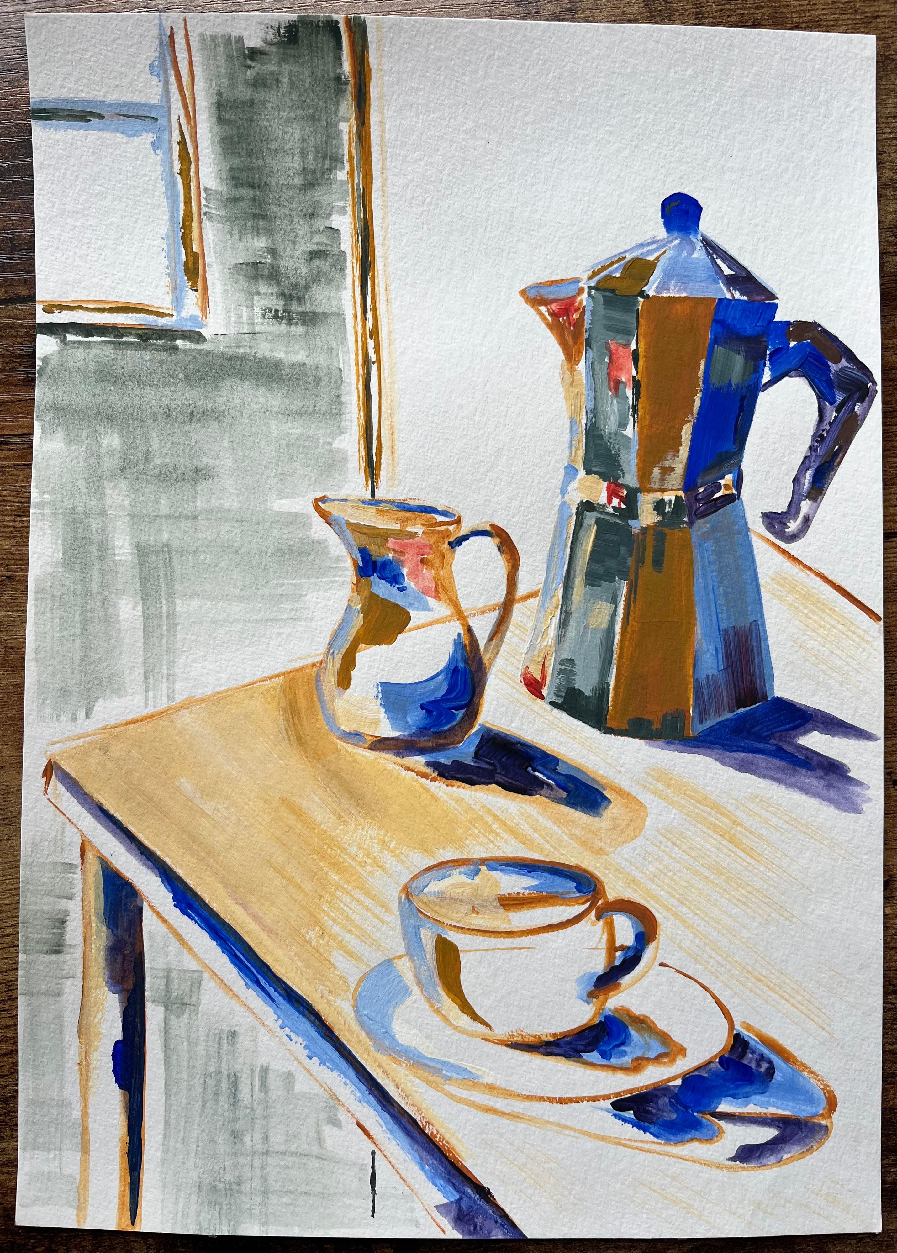 Pittura acrilica contemporanea di caffettiera e tazza di caffè con luce mattutina - Painting di Minty Ramsey