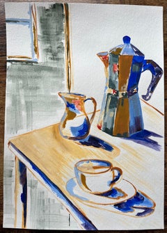 Contemporary Acrylic Painting of Coffee Pot and Cup with Morning Light