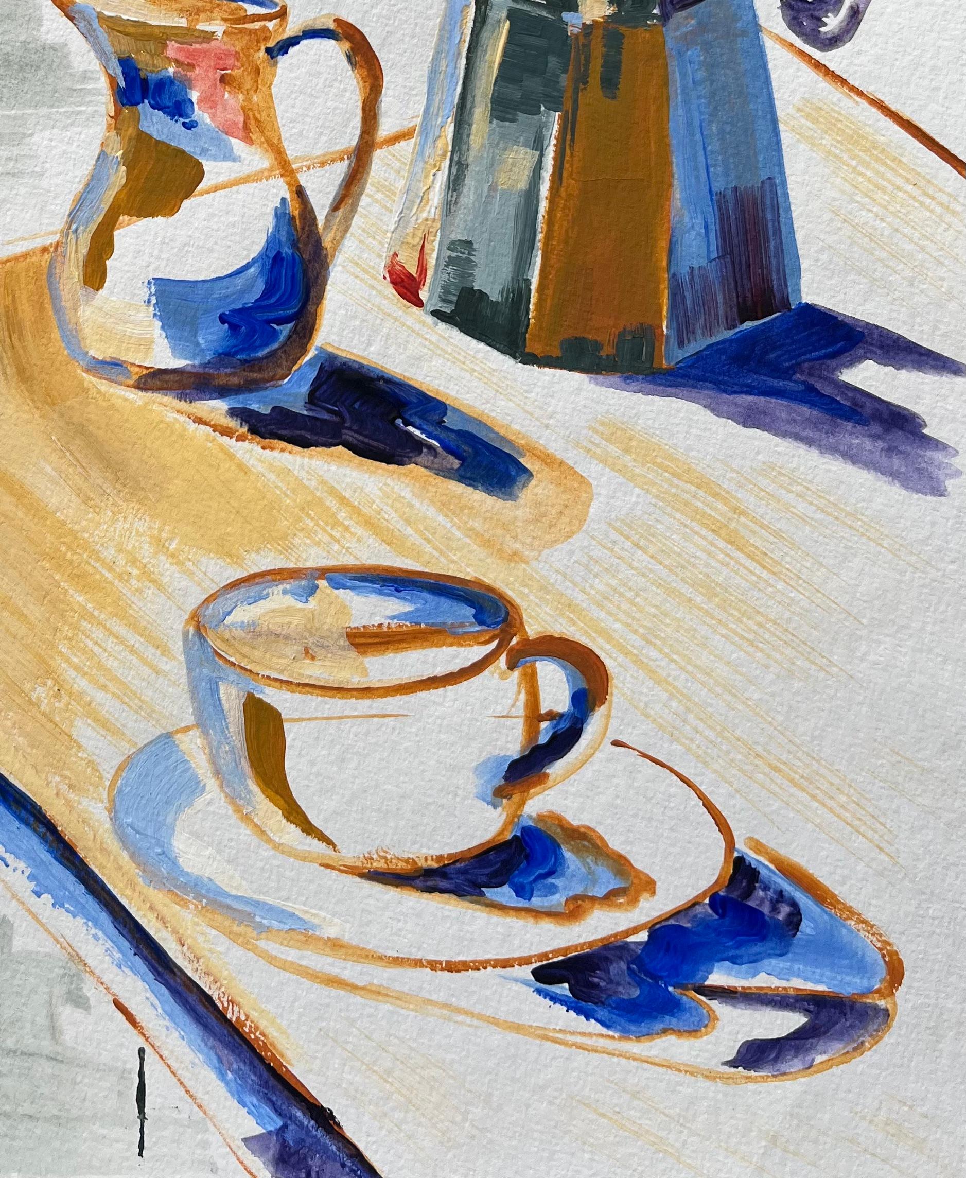 Pittura acrilica contemporanea di caffettiera e tazza di caffè con luce mattutina - Landscape Painting Grigio di Minty Ramsey