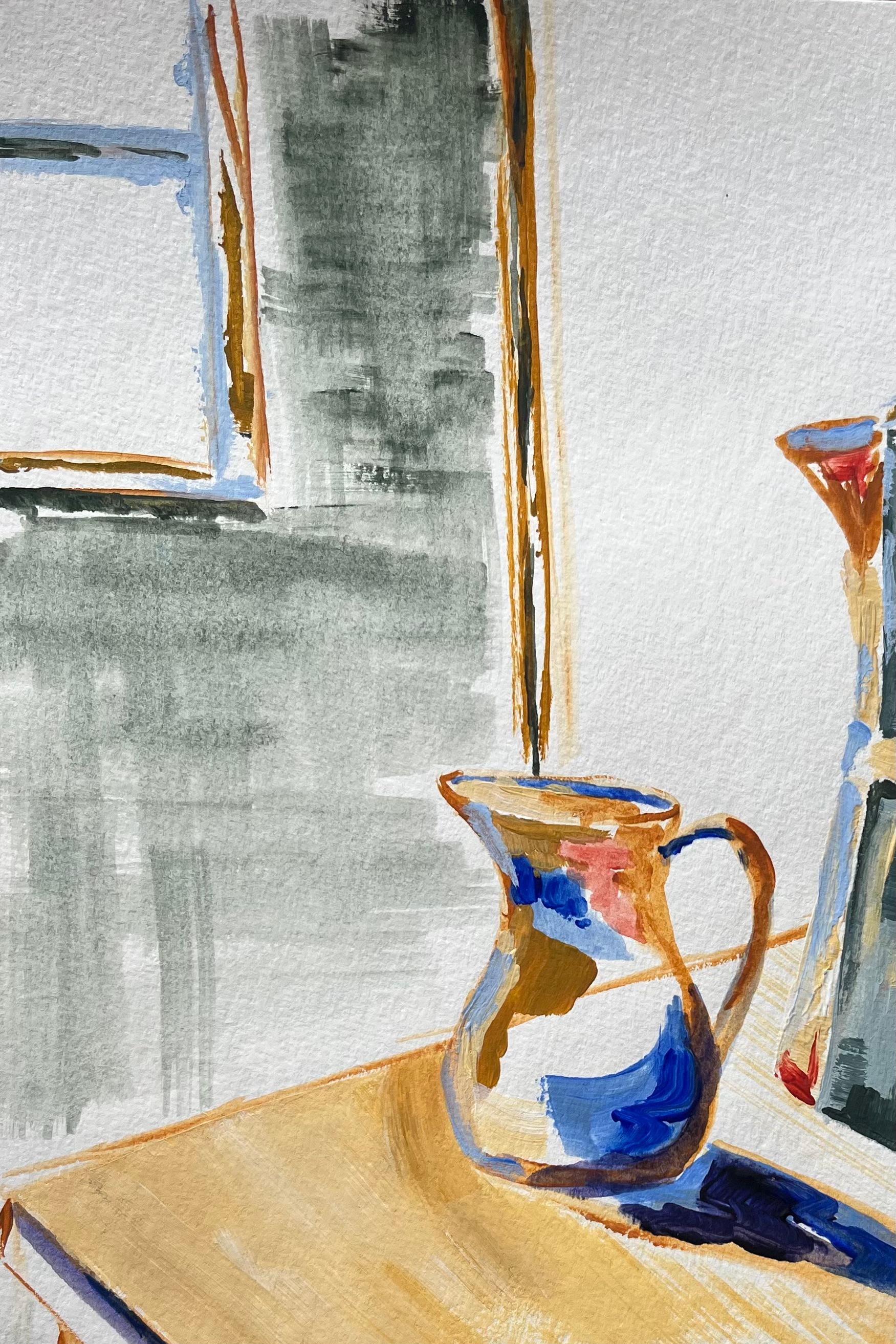 Pittura acrilica contemporanea di caffettiera e tazza di caffè con luce mattutina in vendita 1