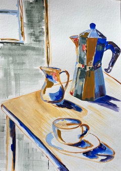 Contemporary Acrylic Painting of Coffee Pot and Cup with Morning Light