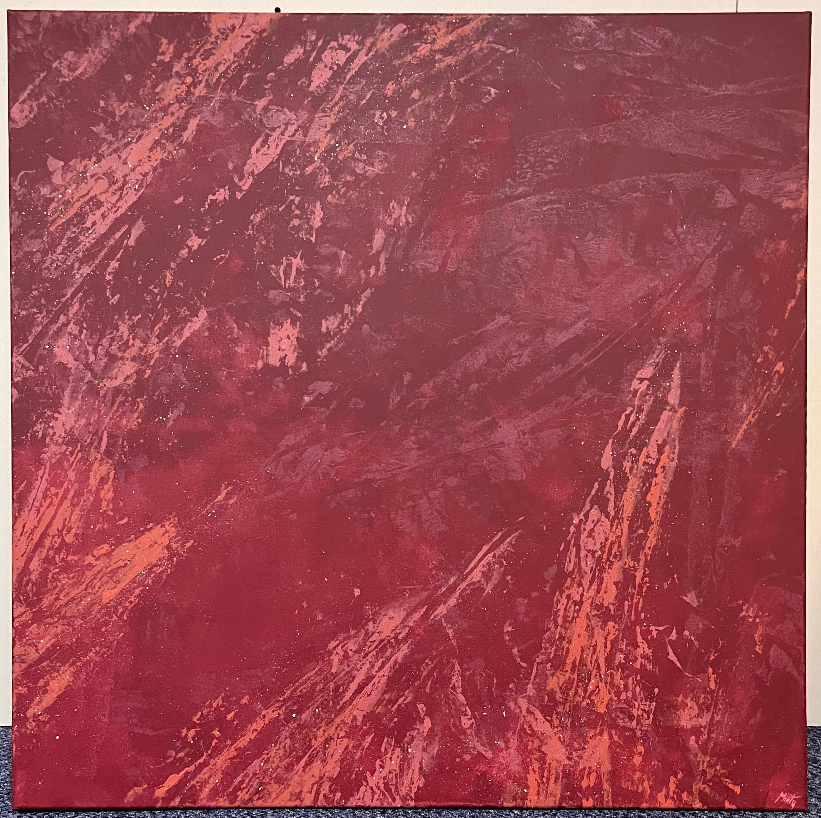Peinture acrylique abstraite rouge terreux avec couches texturées - Painting de Minty Ramsey