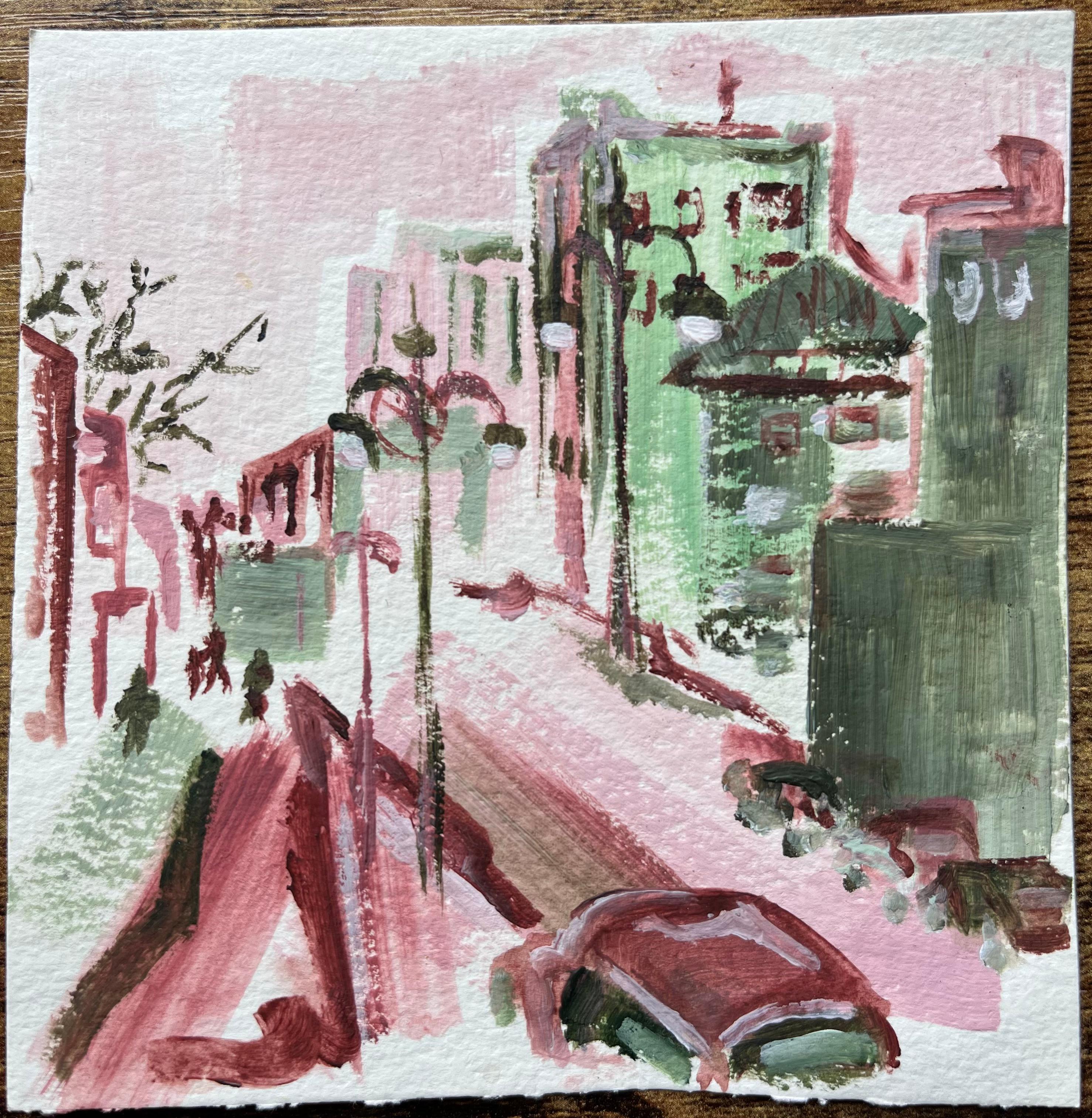 Expresiva Pintura Rosa y Verde de Escena Urbana con Ambiente Invernal - Painting de Minty Ramsey