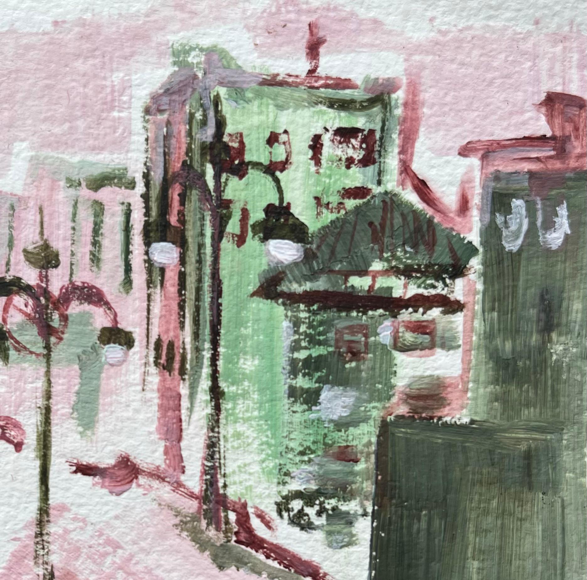 Expresiva Pintura Rosa y Verde de Escena Urbana con Ambiente Invernal - Painting Impresionista de Minty Ramsey