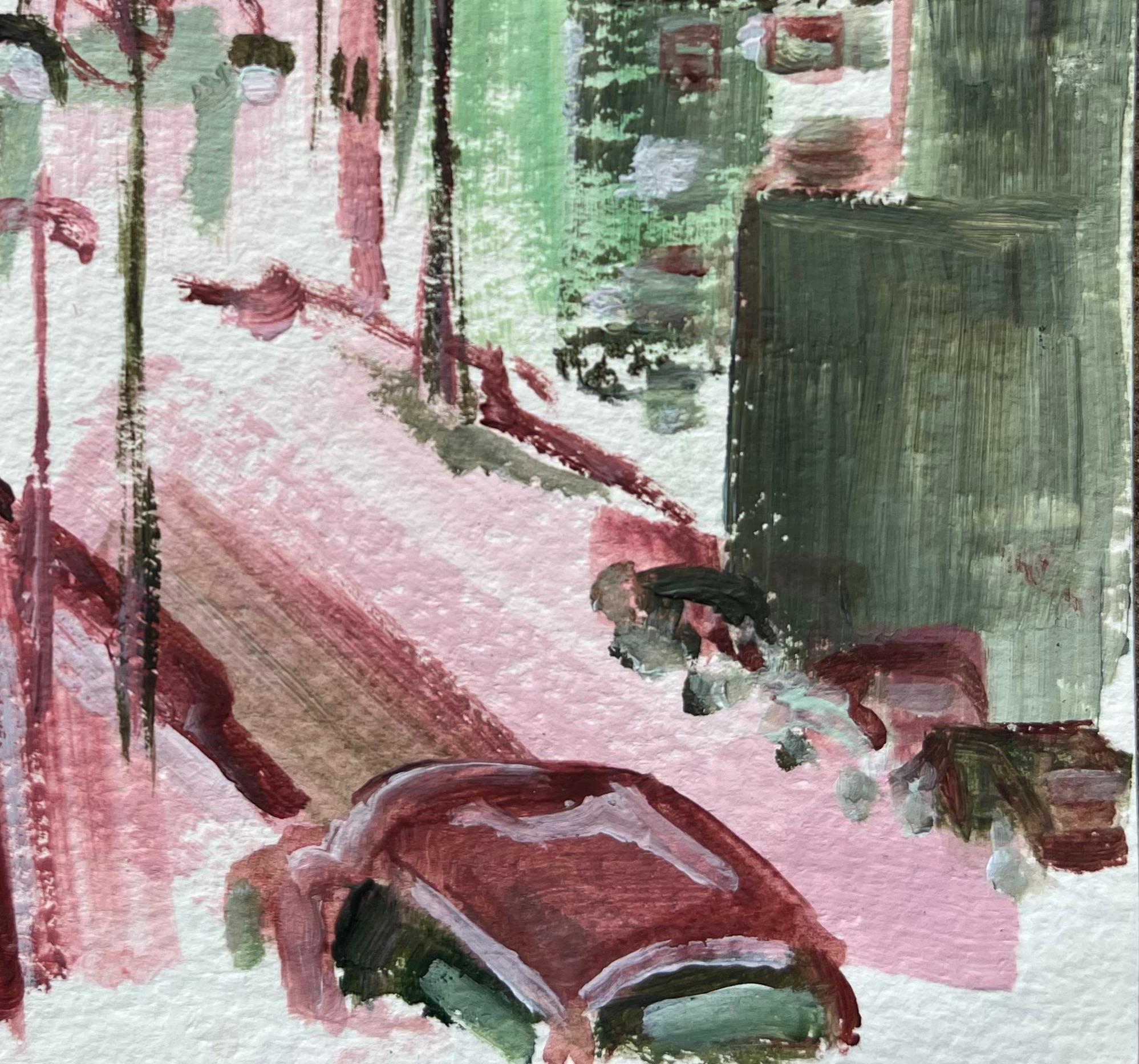 Expresiva Pintura Rosa y Verde de Escena Urbana con Ambiente Invernal - Landscape Painting Gris de Minty Ramsey