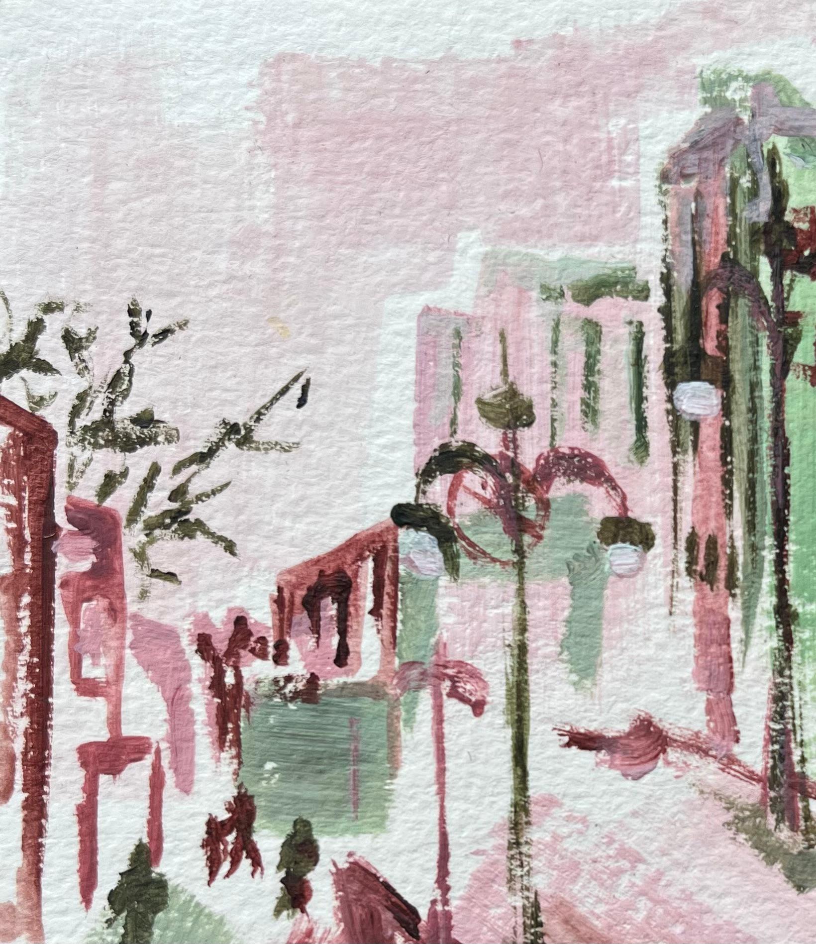 Expresiva Pintura Rosa y Verde de Escena Urbana con Ambiente Invernal en venta 1