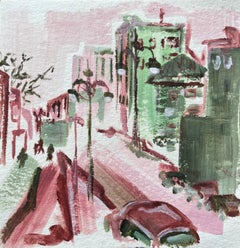 Expressive Pink and Green City Street Scene Painting with Wintery Atmosphere