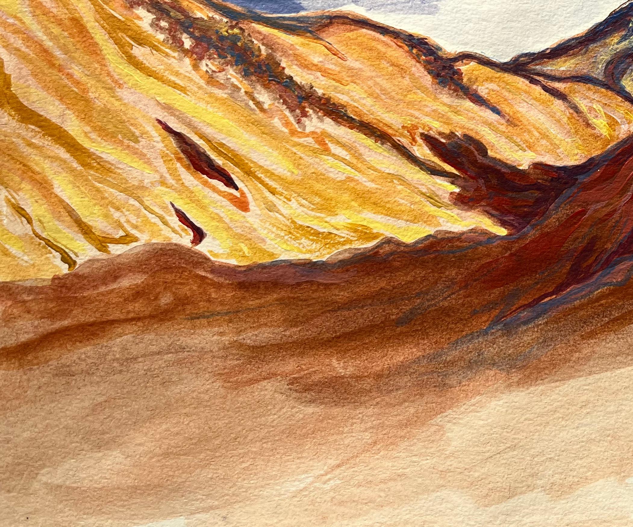 Pintura expresiva en acuarela de las montañas del Atlas bajo un cielo sombrío en venta 1