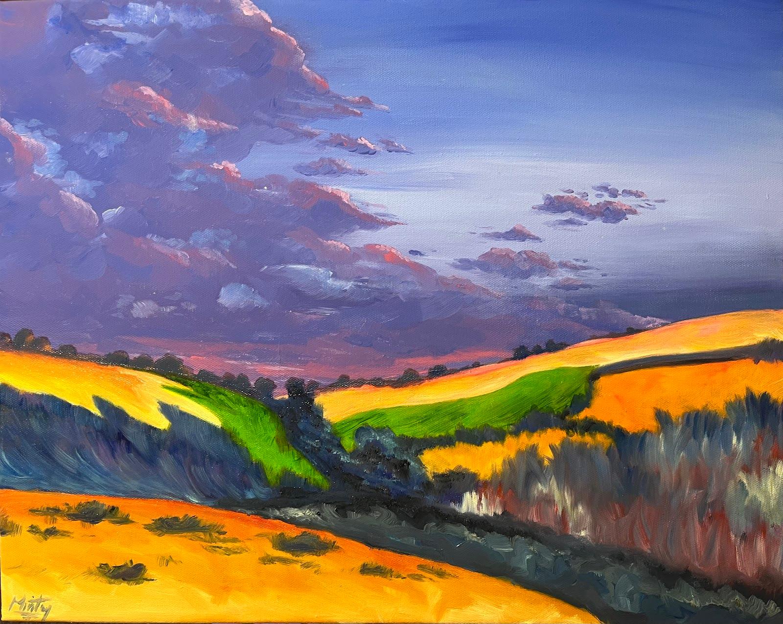 Peinture fauve contemporaine Coucher de soleil violet sur des champs de campagne espagnols - Impressionnisme Painting par Minty Ramsey