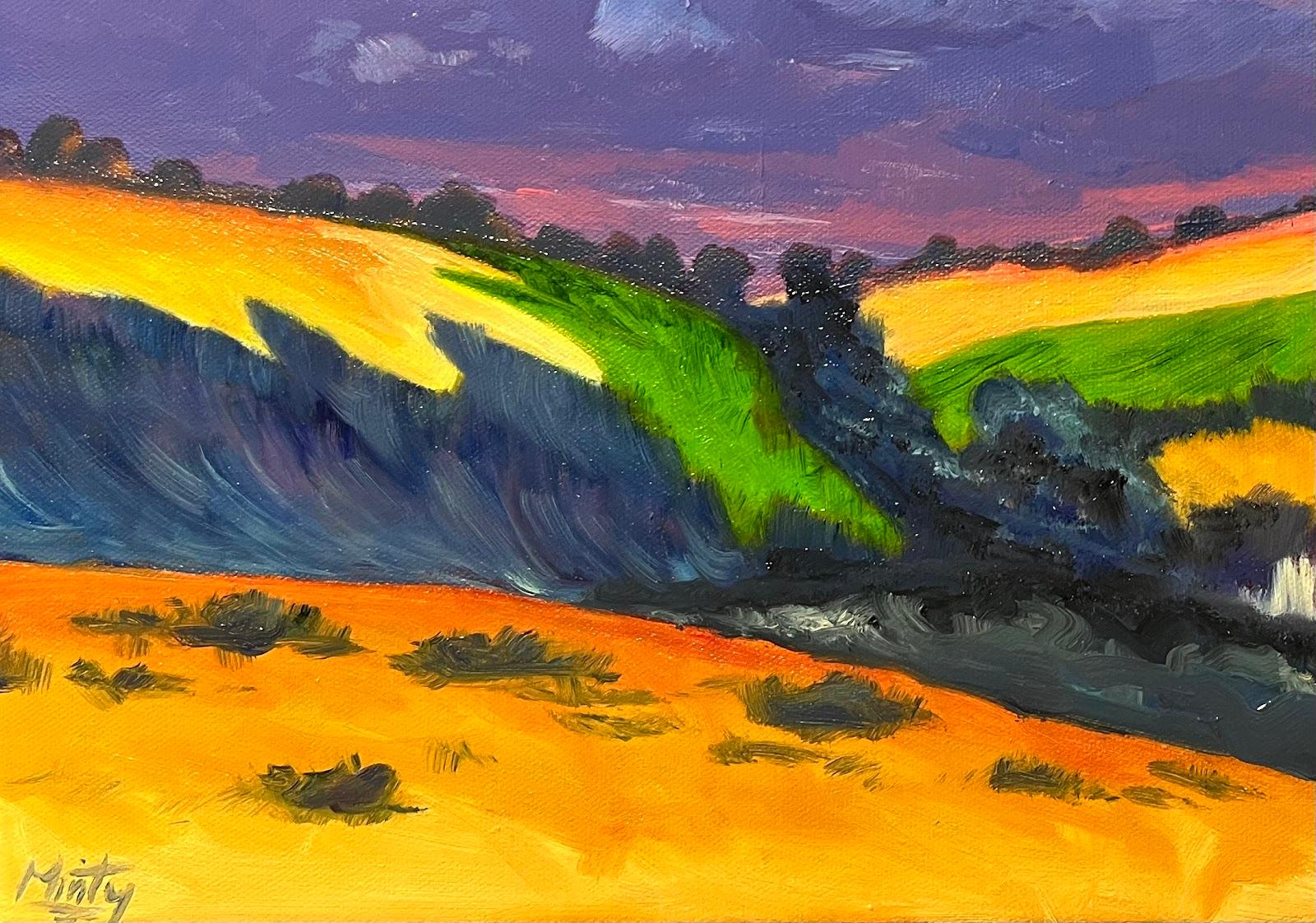 Lila Sonnenuntergang 
Unterzeichnet von Minty Ramsey
Medium: Acryl und Öl auf Leinwandu2028
Größe: 24 x 36 Zoll
Zustand: Ausgezeichnet, mit leuchtenden und gut erhaltenen Farben

Ein beeindruckendes Landschaftsgemälde von einem talentierten