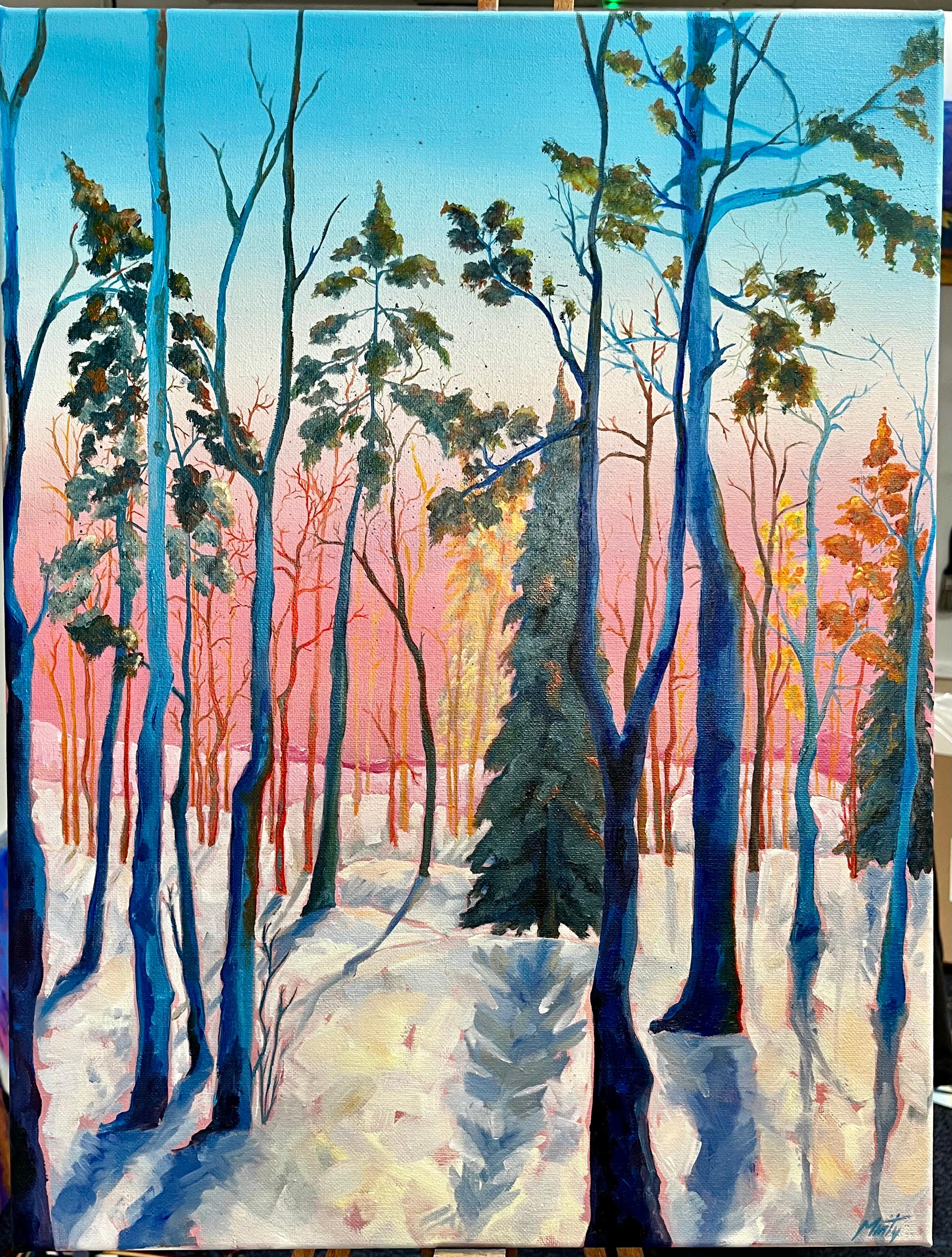 Kuusamo Finnland Winterwald Sonnenuntergang Landschaft Original Zeitgenössisches Öl – Painting von Minty Ramsey