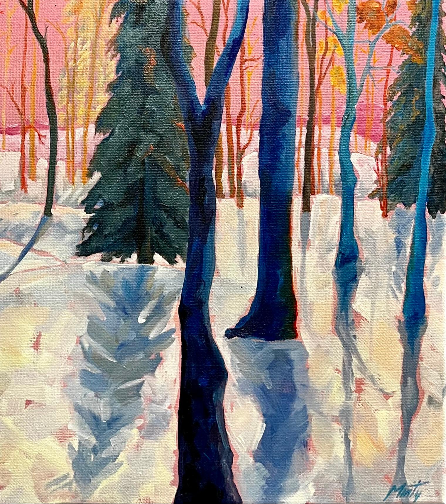 Kuusamo Finnland Winterwald Sonnenuntergang Landschaft Original Zeitgenössisches Öl (Impressionismus), Painting, von Minty Ramsey