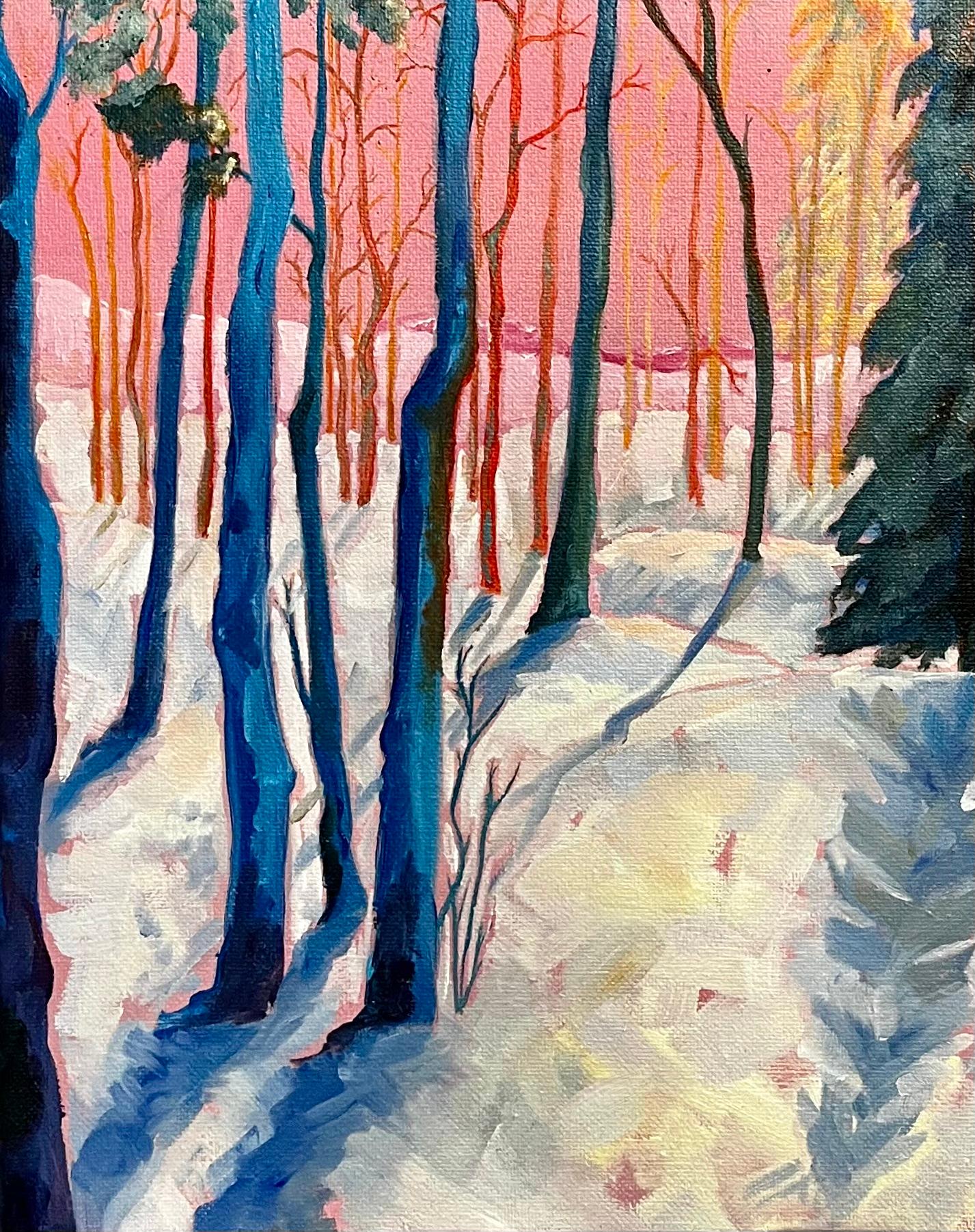 Kuusamo Finnland Winterwald Sonnenuntergang Landschaft Original Zeitgenössisches Öl (Grau), Figurative Painting, von Minty Ramsey