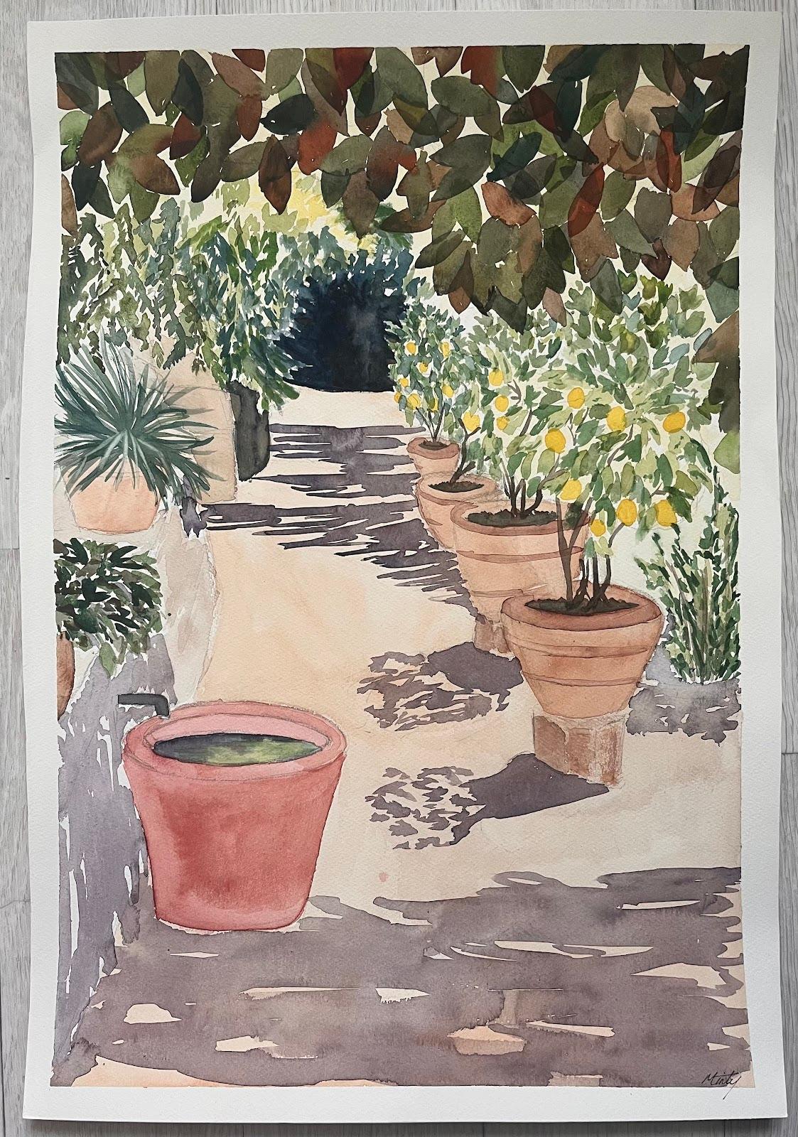 Limoneros en Montisi Italia Acuarela Colorida Pintura Paisaje - Painting de Minty Ramsey