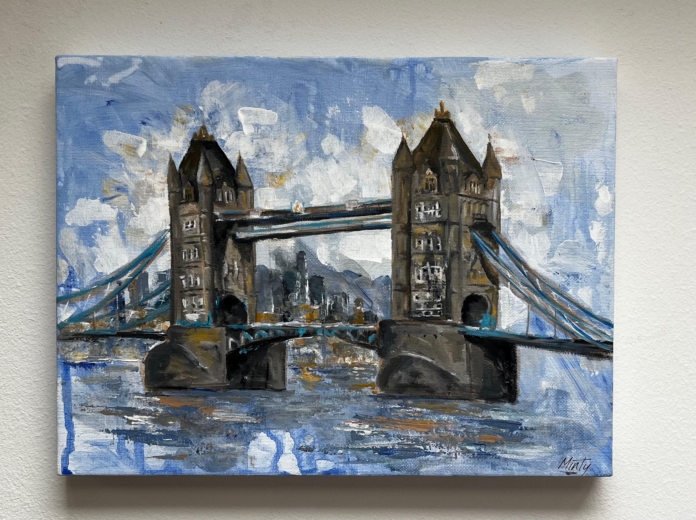 London Bridge Fluss Themse Stadt Himmel Zeitgenössische britische Künstlerin Original Kunst – Painting von Minty Ramsey