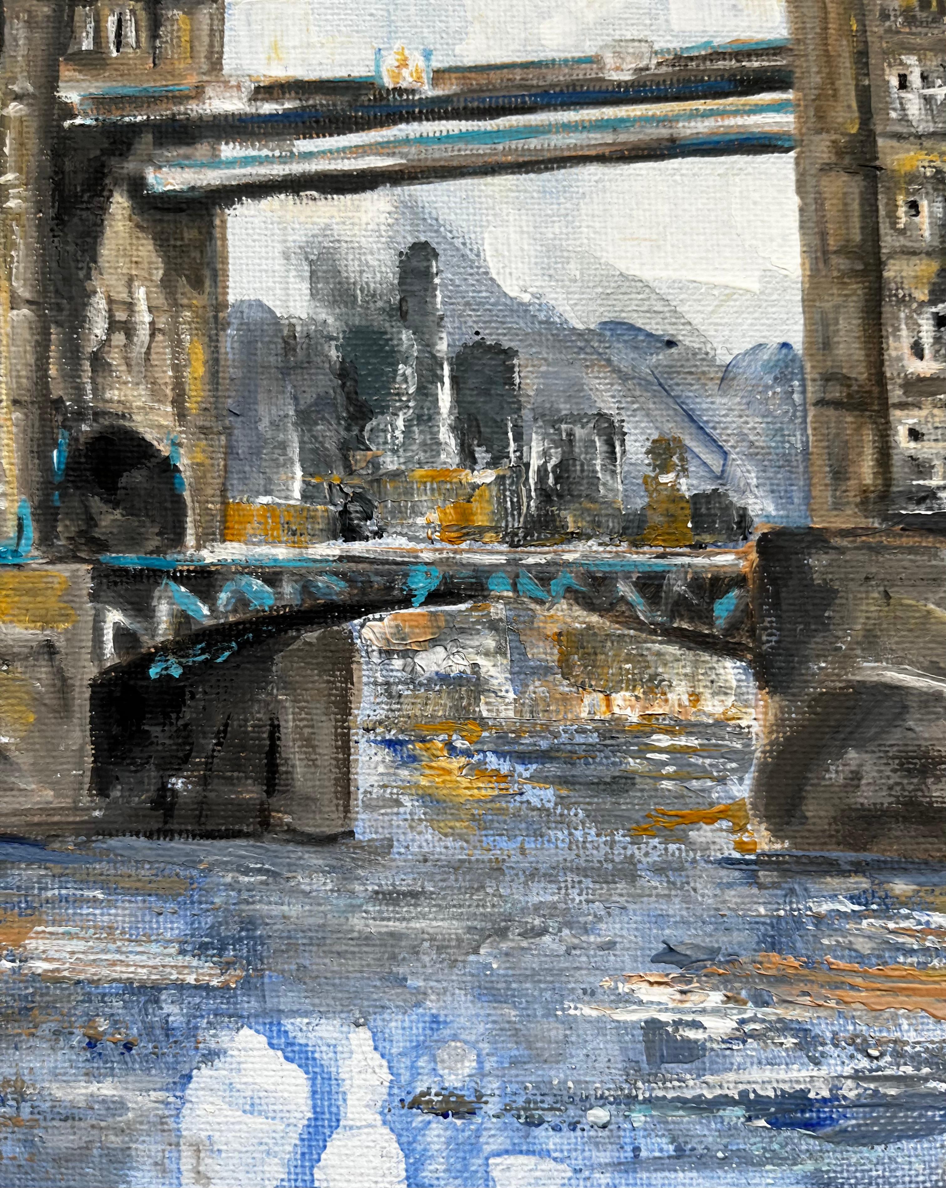 London Bridge Fluss Themse Stadt Himmel Zeitgenössische britische Künstlerin Original Kunst (Post-Impressionismus), Painting, von Minty Ramsey