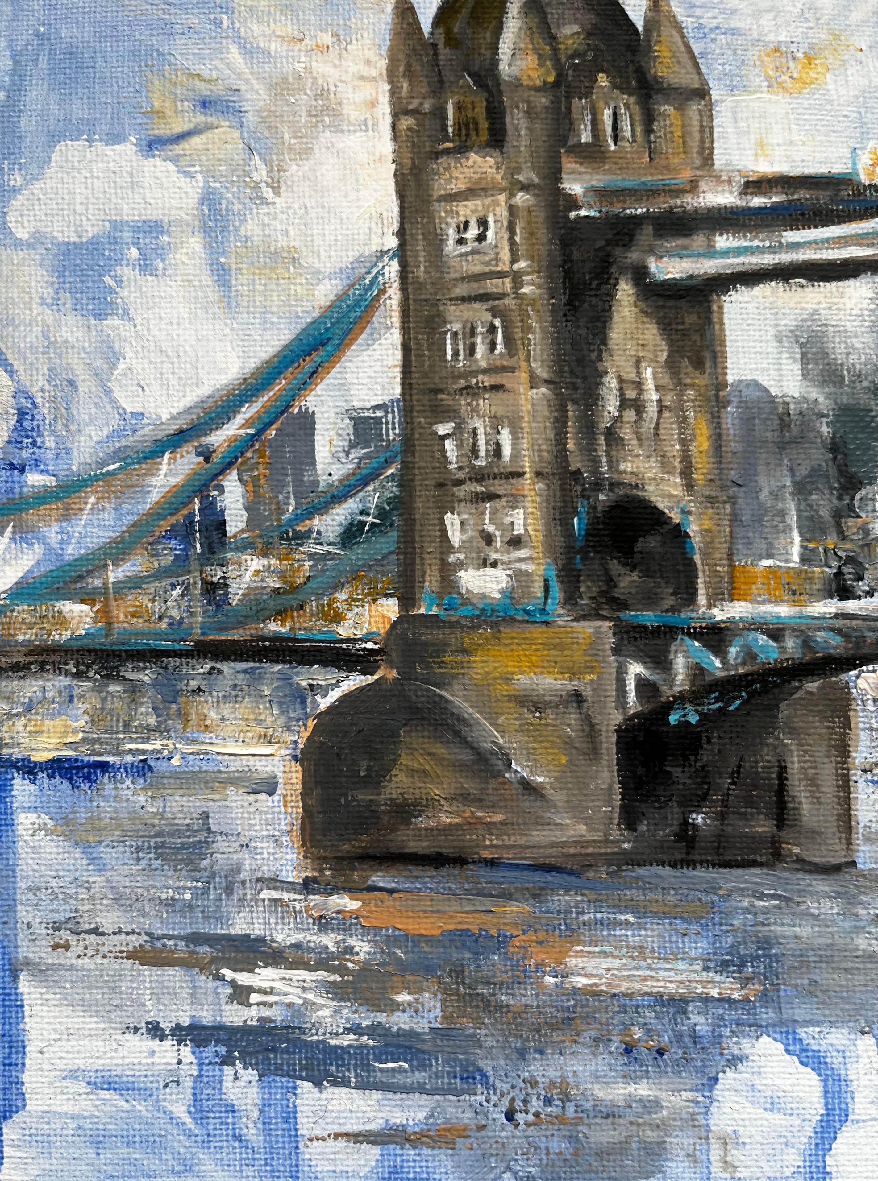 London Bridge, Themse
signiert von Minty Ramsey, britische Zeitgenossin 
Acrylgemälde auf Leinwand
9 x 12 Zoll

Wunderschönes Originalgemälde des britischen zeitgenössischen Künstlers Minty Ramsey. 