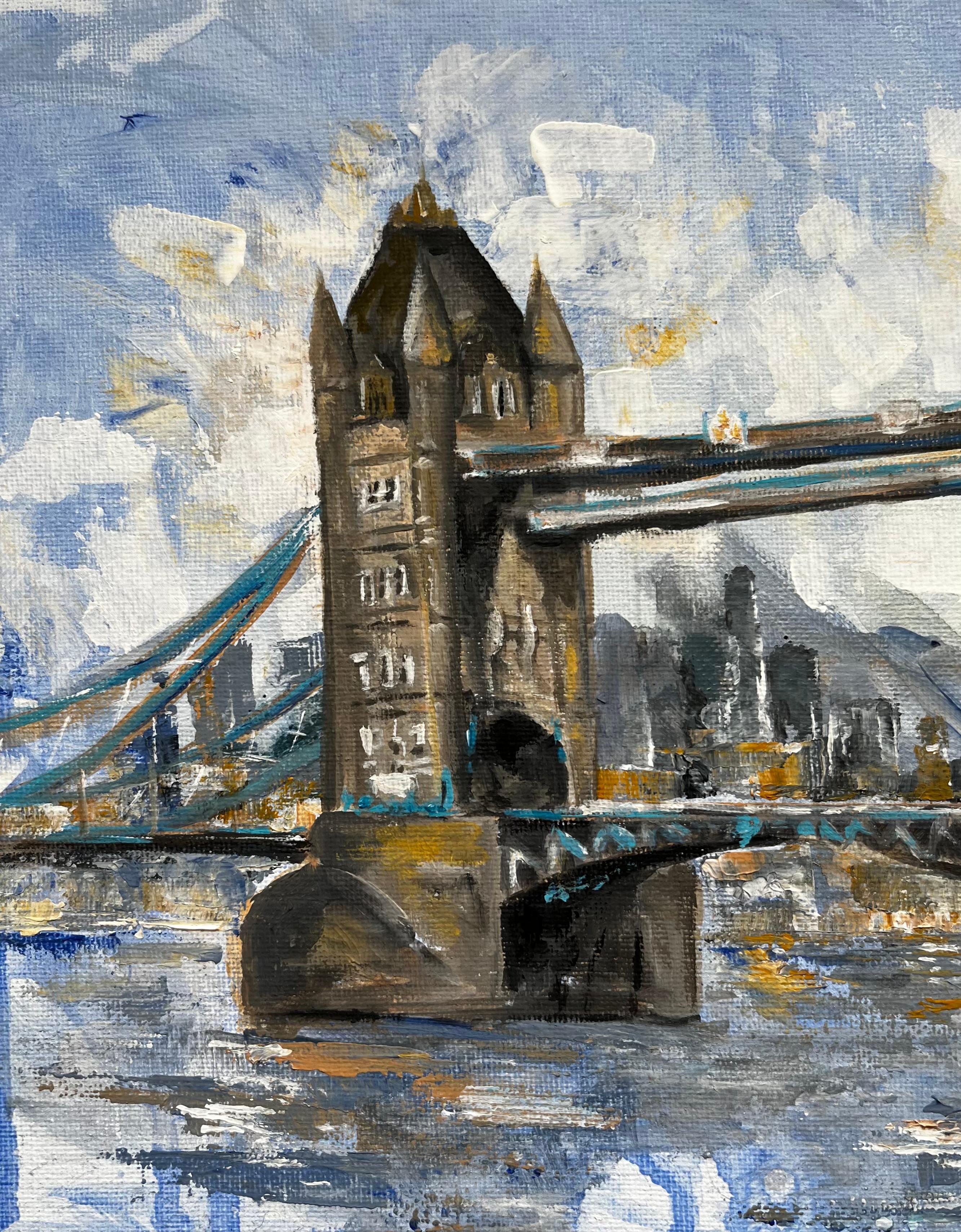 London Bridge Fluss Themse Stadt Himmel Zeitgenössische britische Künstlerin Original Kunst im Angebot 1
