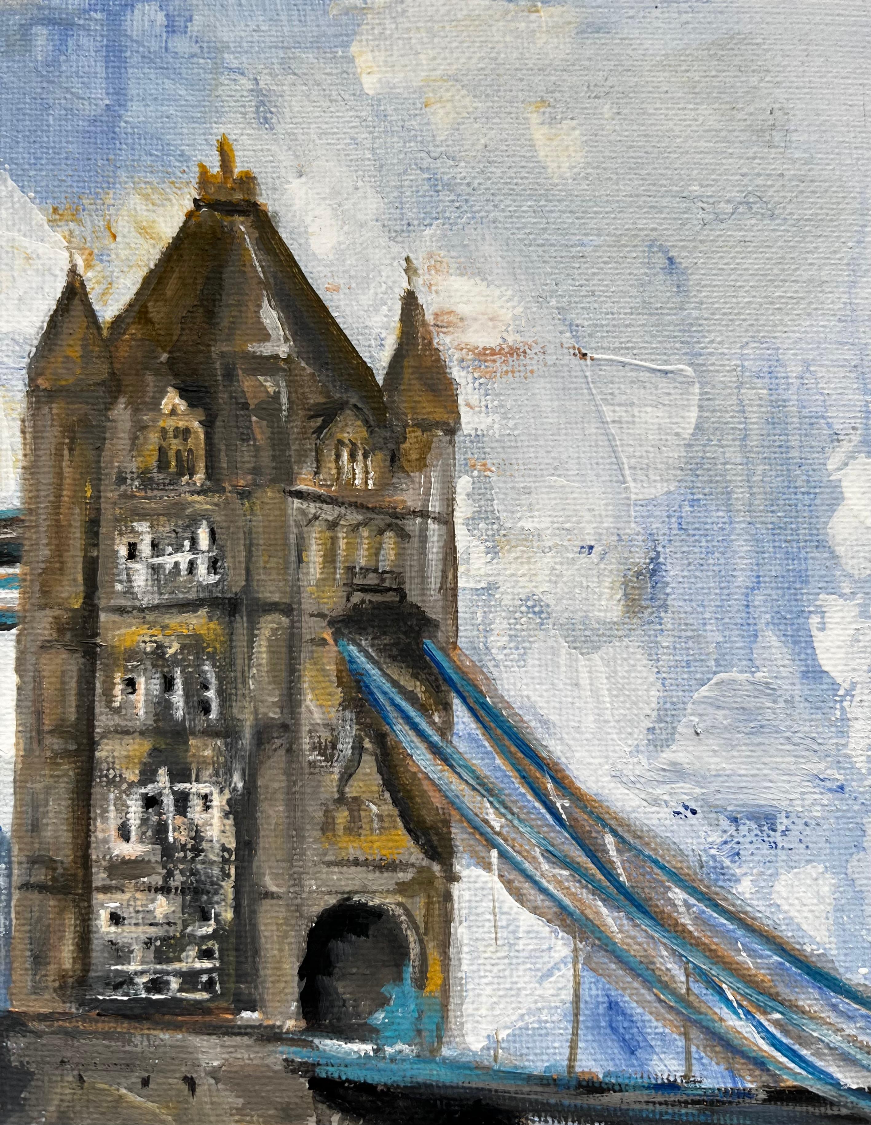 London Bridge Fluss Themse Stadt Himmel Zeitgenössische britische Künstlerin Original Kunst im Angebot 2