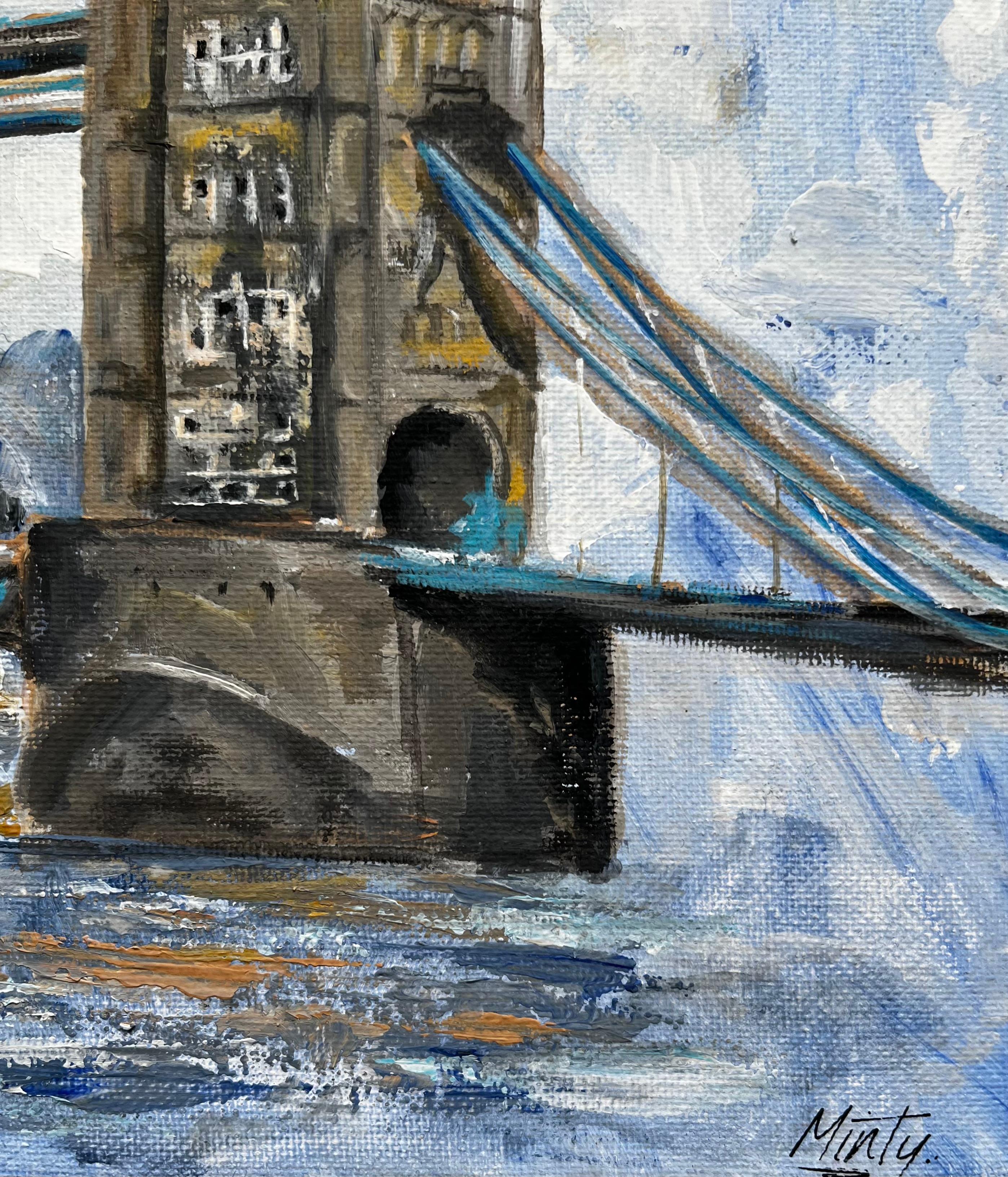 London Bridge Fluss Themse Stadt Himmel Zeitgenössische britische Künstlerin Original Kunst im Angebot 3