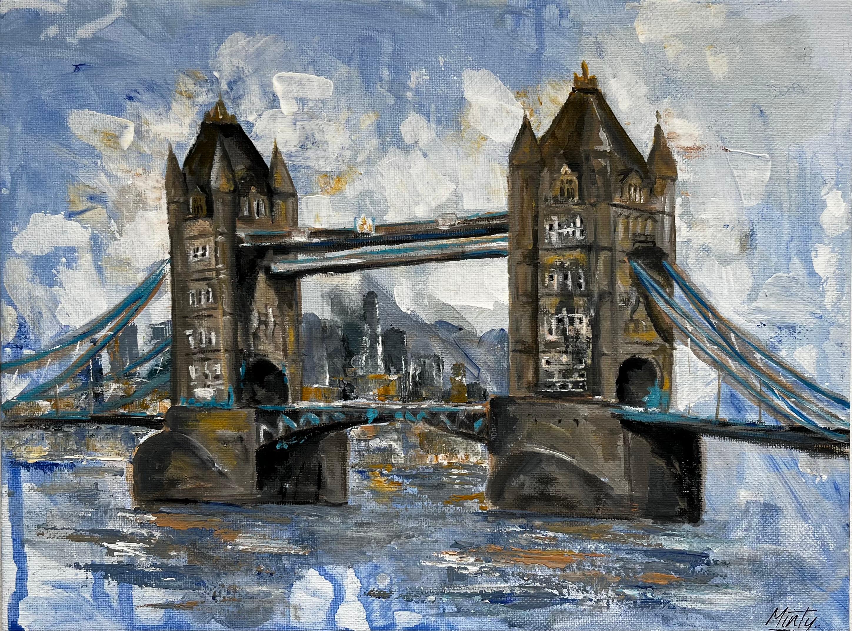 Minty Ramsey Landscape Painting – London Bridge Fluss Themse Stadt Himmel Zeitgenössische britische Künstlerin Original Kunst