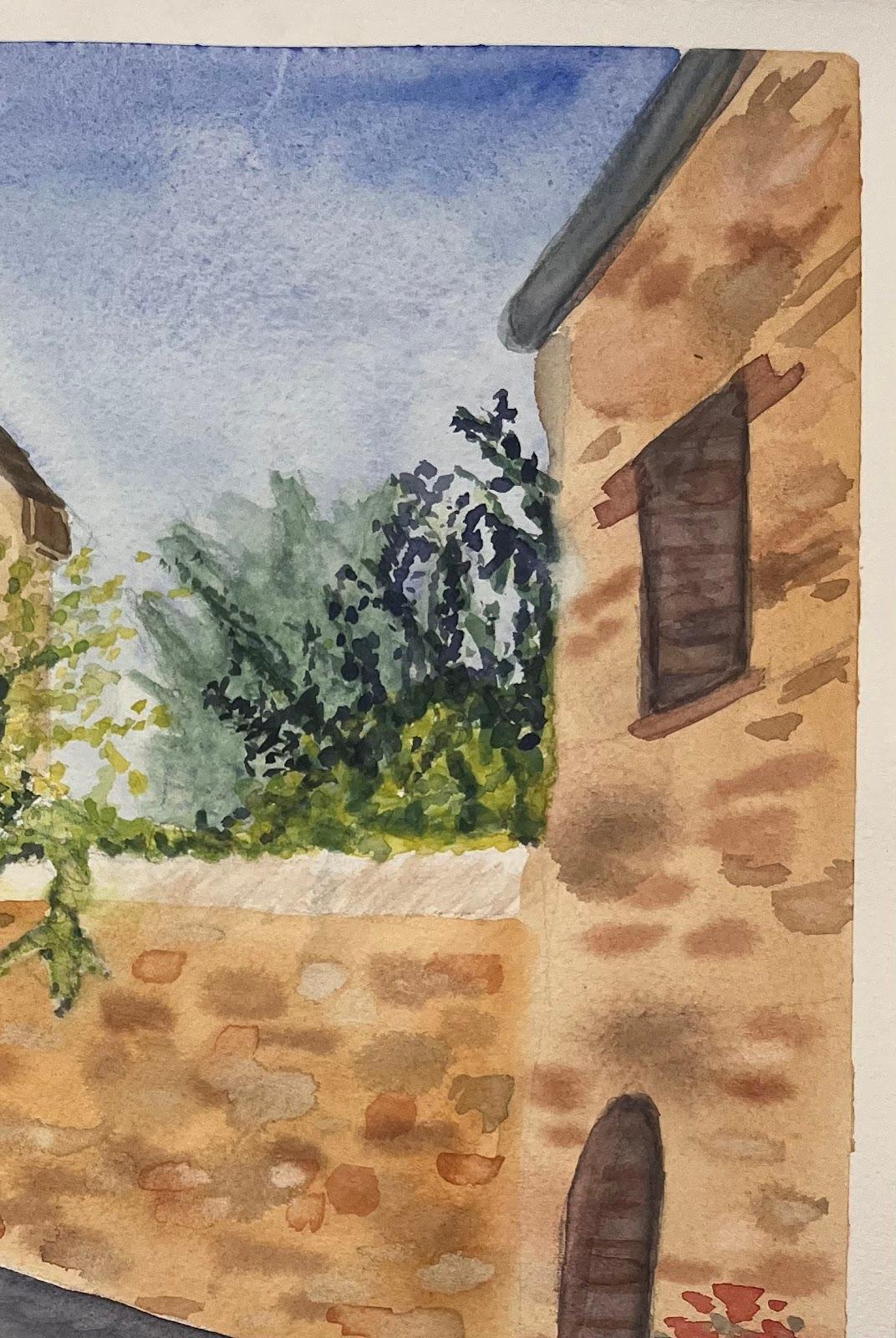 Montisi Alleyway Italy Colourful Watercolor Painting Contemporary Landscape (ruelle de Montisi en Italie, aquarelle colorée, paysage contemporain) - Marron Landscape Painting par Minty Ramsey