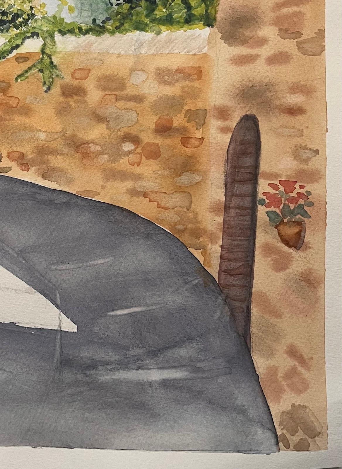 Montisi Alleyway Italy Colourful Watercolor Painting Contemporary Landscape (ruelle de Montisi en Italie, aquarelle colorée, paysage contemporain) en vente 1