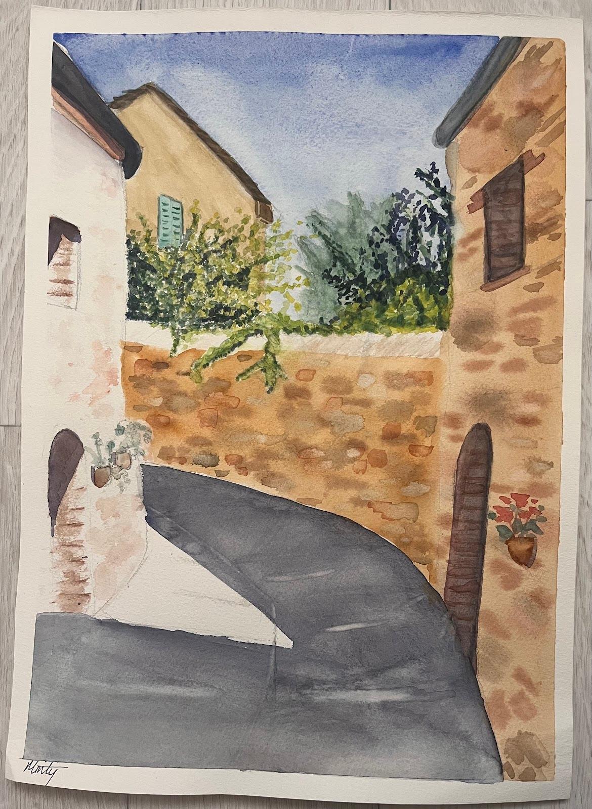 Montisi Alleyway Italy Colourful Watercolor Painting Contemporary Landscape (ruelle de Montisi en Italie, aquarelle colorée, paysage contemporain) en vente 2