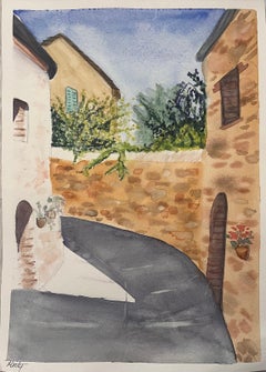 Montisi Alleyway Italy Colourful Watercolor Painting Contemporary Landscape