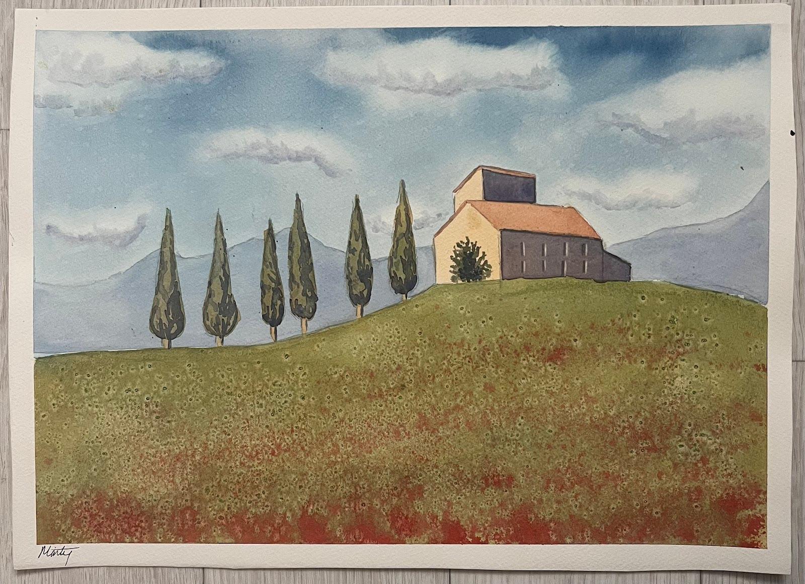 Montisi Hill Italie Peinture à l'aquarelle colorée Artiste britannique contemporain - Painting de Minty Ramsey