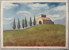 Montisi Hill Italy Colourful Watercolor Painting Contemporary British Artist