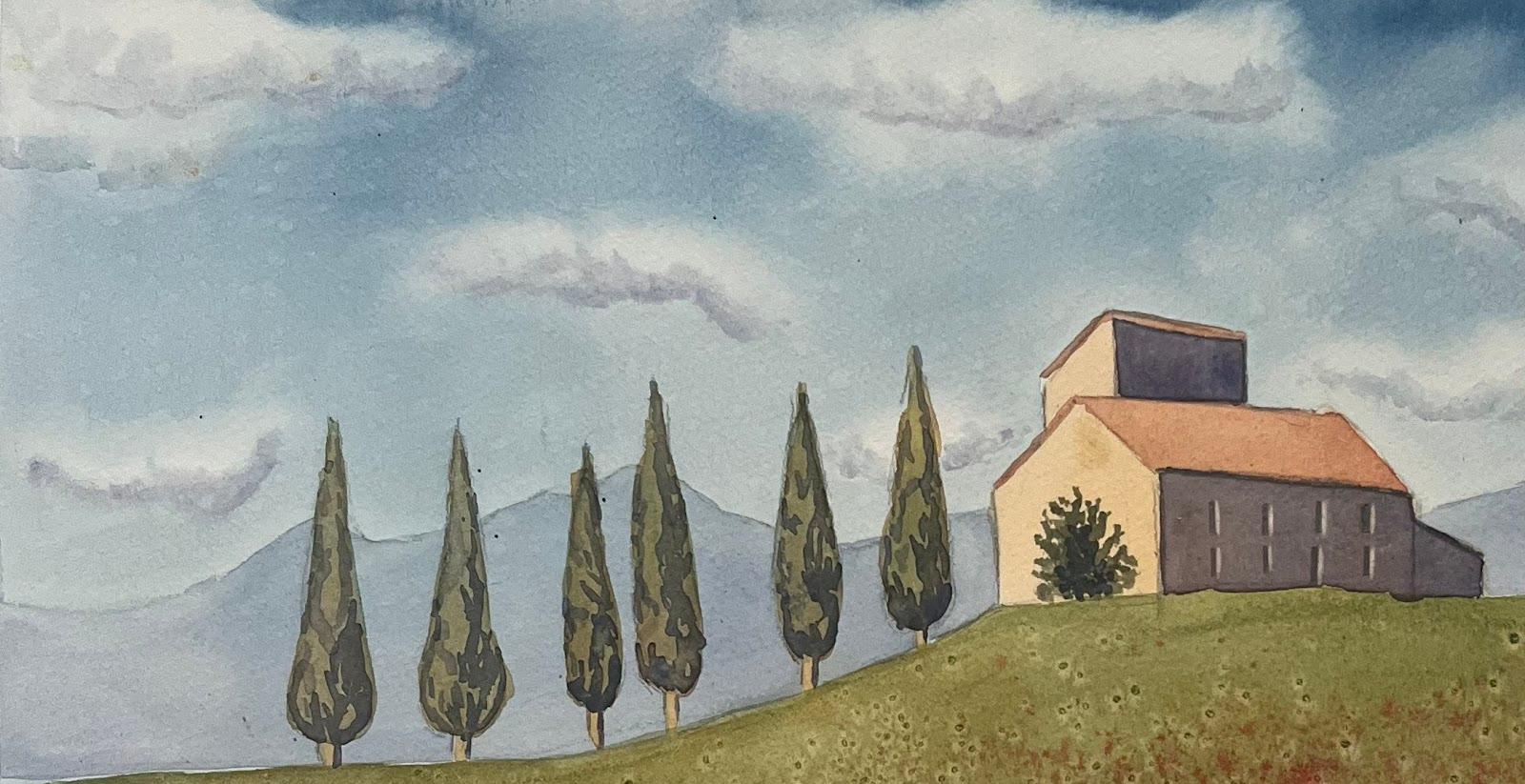 Montisi Hill Italie Peinture à l'aquarelle colorée Artiste britannique contemporain - Impressionnisme Painting par Minty Ramsey
