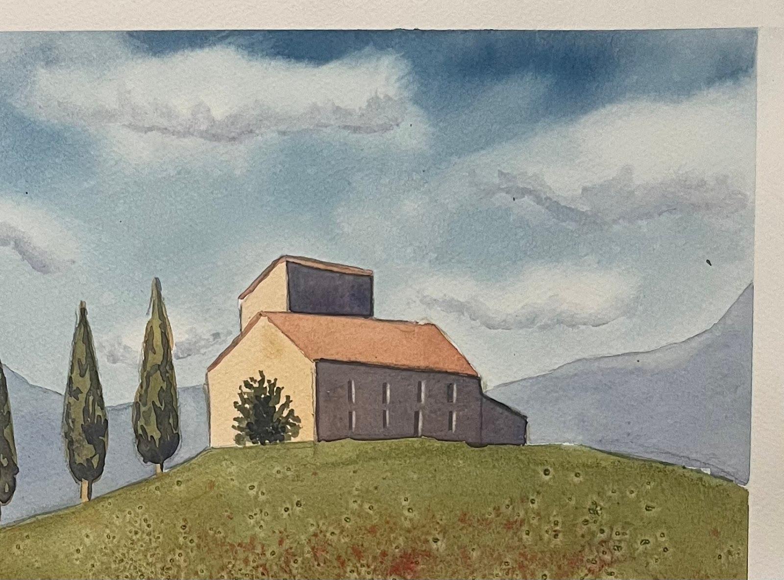 Montisi Hill Italie Peinture à l'aquarelle colorée Artiste britannique contemporain - Gris Landscape Painting par Minty Ramsey