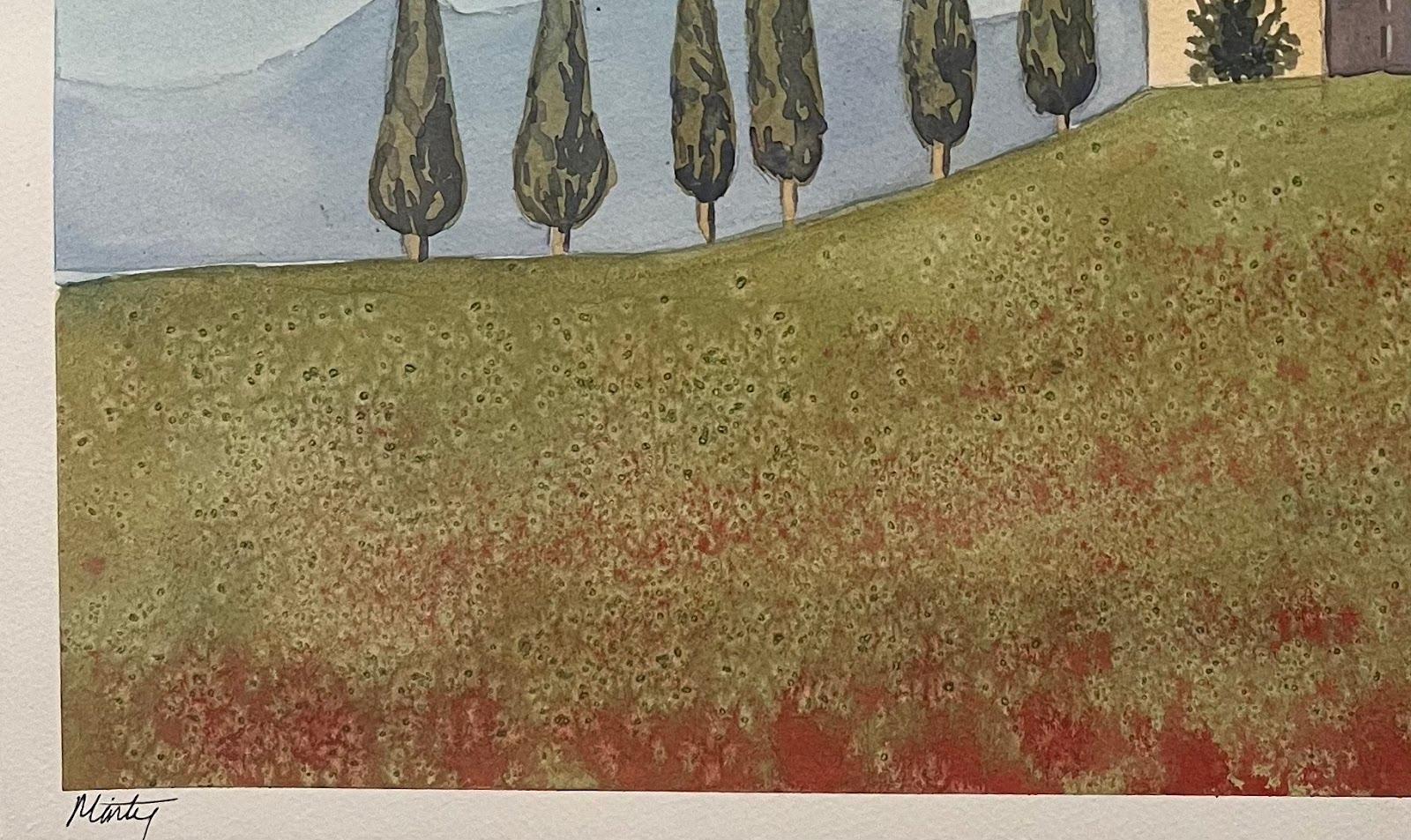 Montisi Hill Italie Peinture à l'aquarelle colorée Artiste britannique contemporain en vente 1