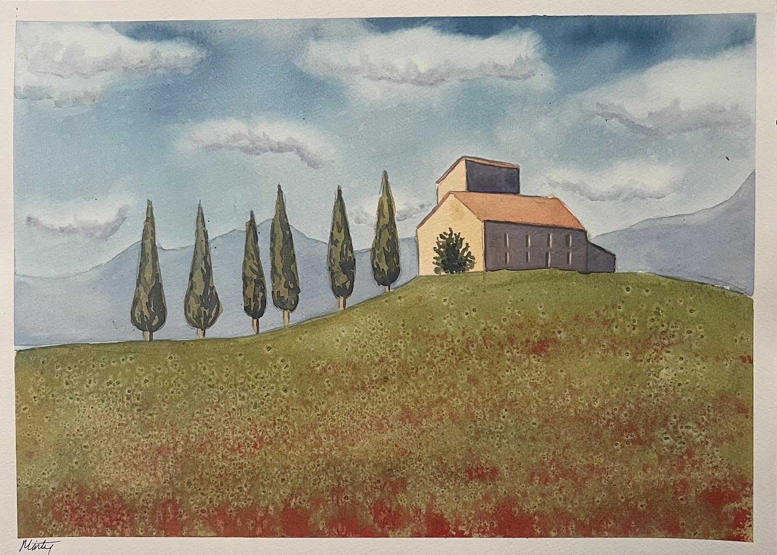 Landscape Painting Minty Ramsey - Montisi Hill Italie Peinture à l'aquarelle colorée Artiste britannique contemporain