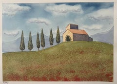 Montisi Hill Italy Colourful Watercolor Painting Contemporary British Artist