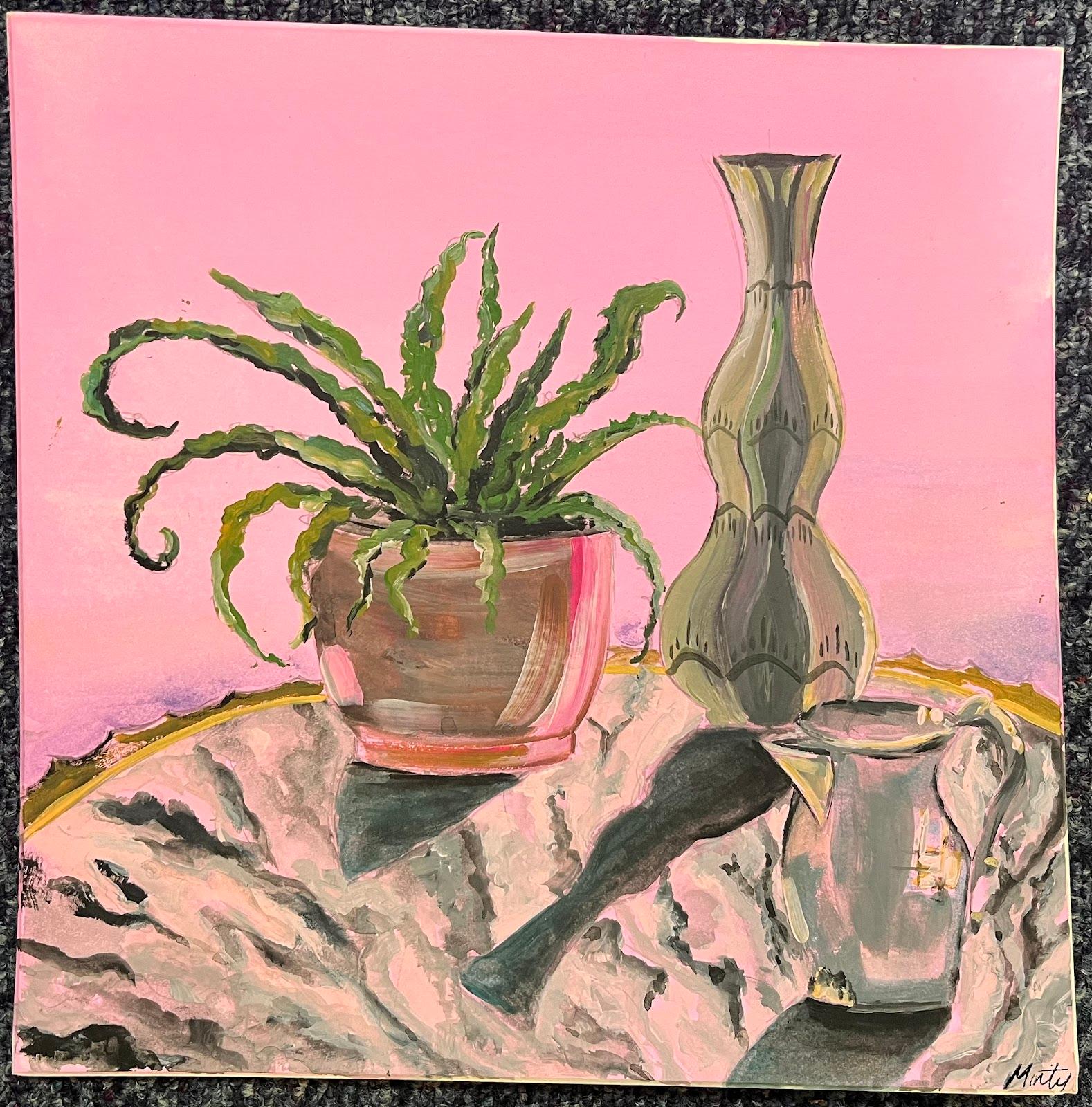 Natura morta rosa con felci verdi Pittura acrilica Contemporary British - Painting di Minty Ramsey
