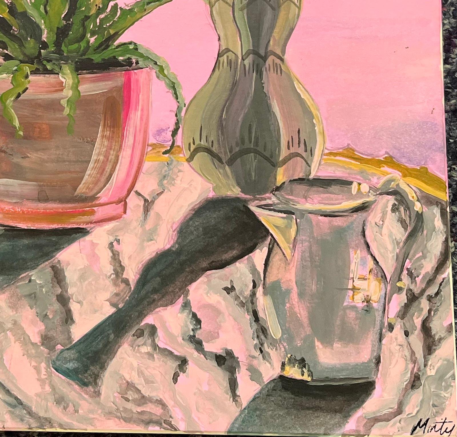 Natura morta rosa con felci verdi Pittura acrilica Contemporary British - Painting Impressionismo di Minty Ramsey