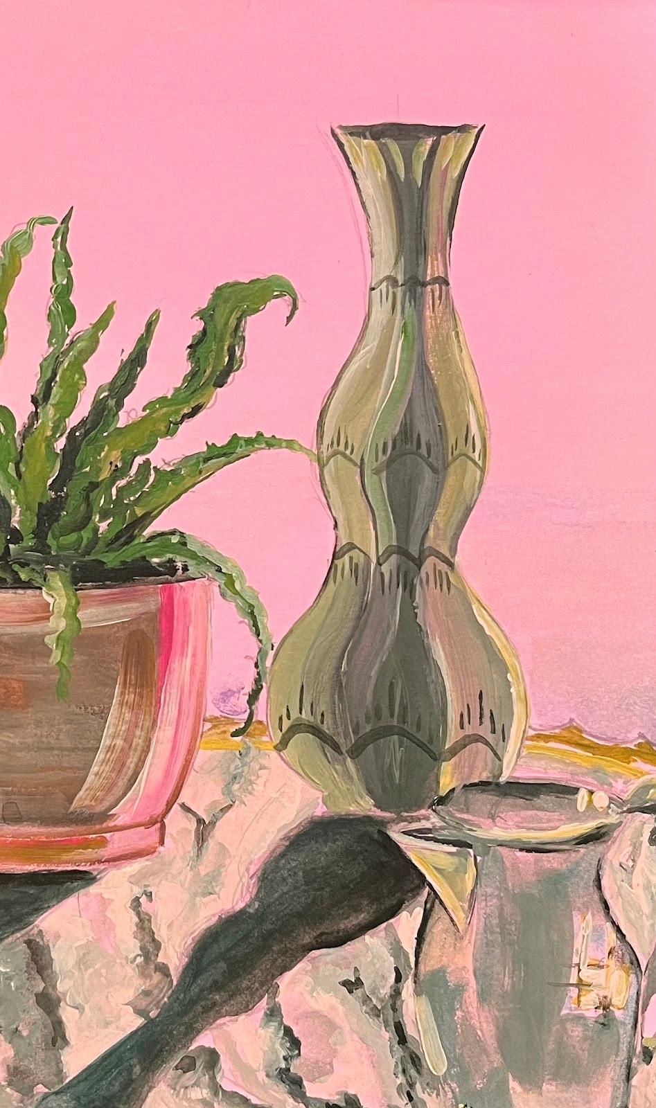Natura morta di interni rosa
Firmato da Minty Ramsey
Medium: acrilico su tavolau2028
Dimensioni: 18 x 18 pollici
Condit: Eccellente, con colori vivaci e ben conservati.

Questo quadro è un sorprendente dipinto ad acrilico realizzato da una giovane e