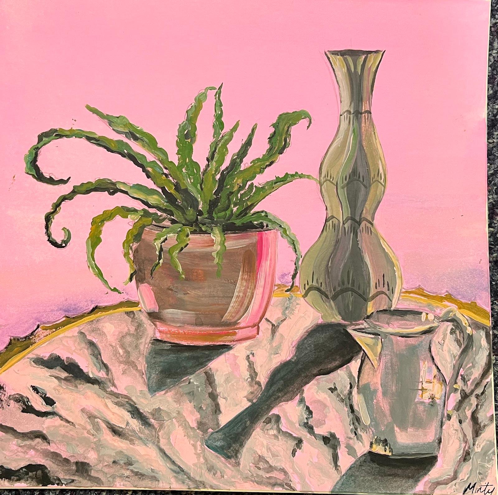 Interior Painting di Minty Ramsey - Natura morta rosa con felci verdi Pittura acrilica Contemporary British