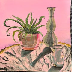 Natura morta rosa con felci verdi Pittura acrilica Contemporary British