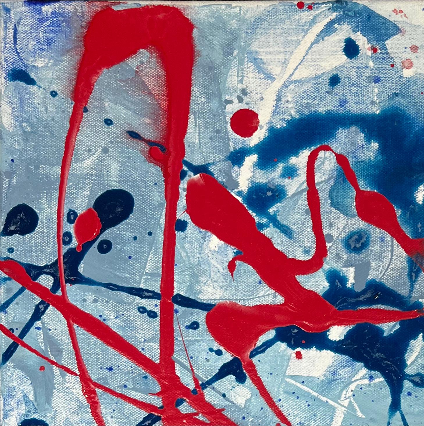 Esplosione di rosso, blu e grigio Pittura astratta acrilica contemporanea inglese - Painting di Minty Ramsey