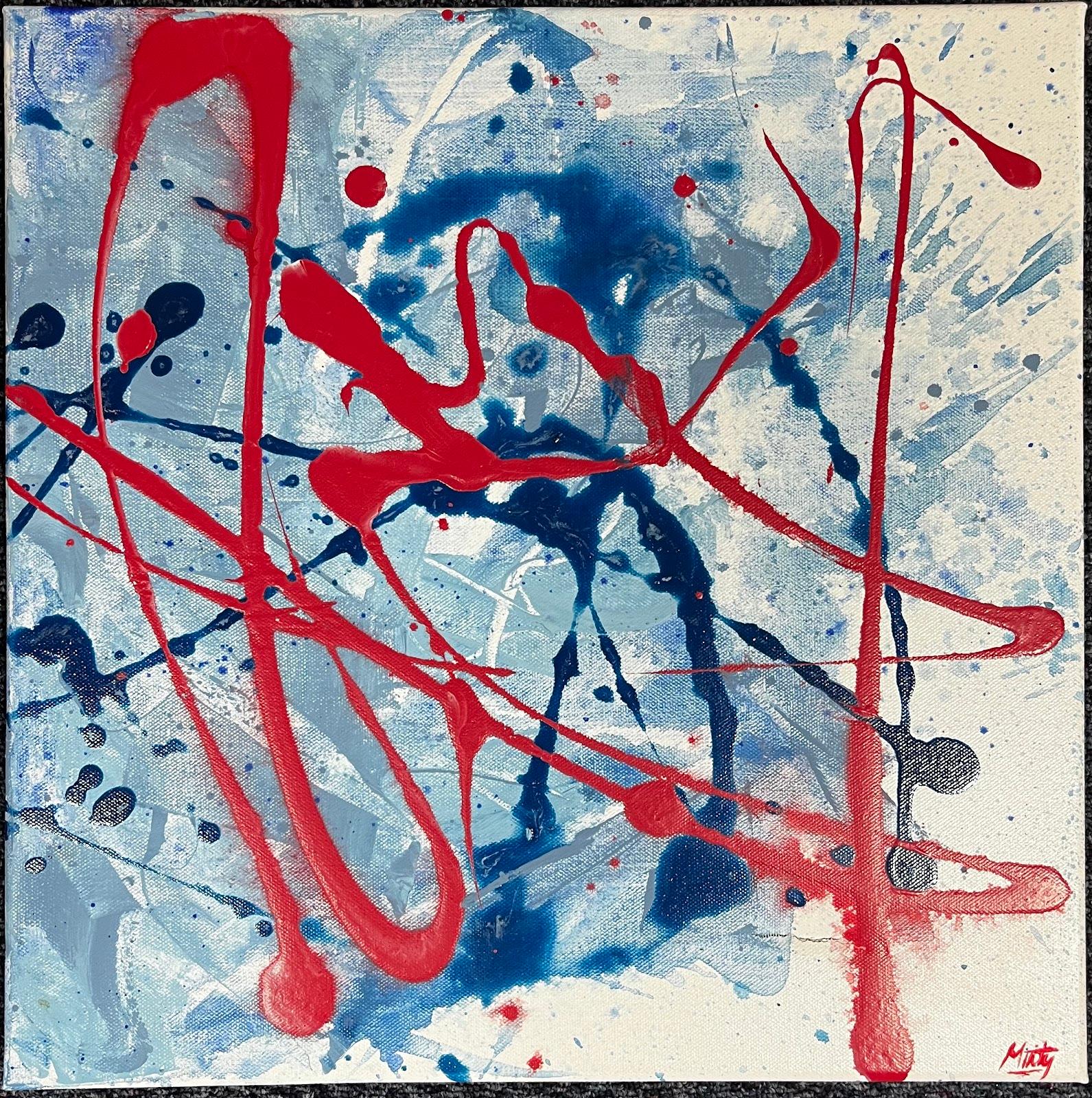 Esplosione di rosso, blu e grigio Pittura astratta acrilica contemporanea inglese in vendita 1