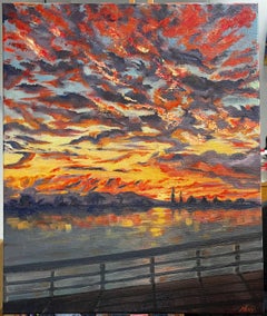 Santa Cruz Pier California Original Oil on Canvas Vibrant Sunset Seascape