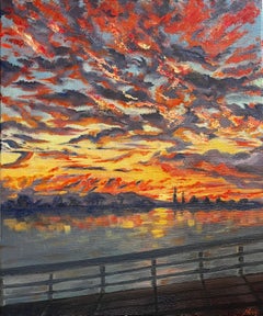 Santa Cruz Pier California Original Oil on Canvas Vibrant Sunset Seascape