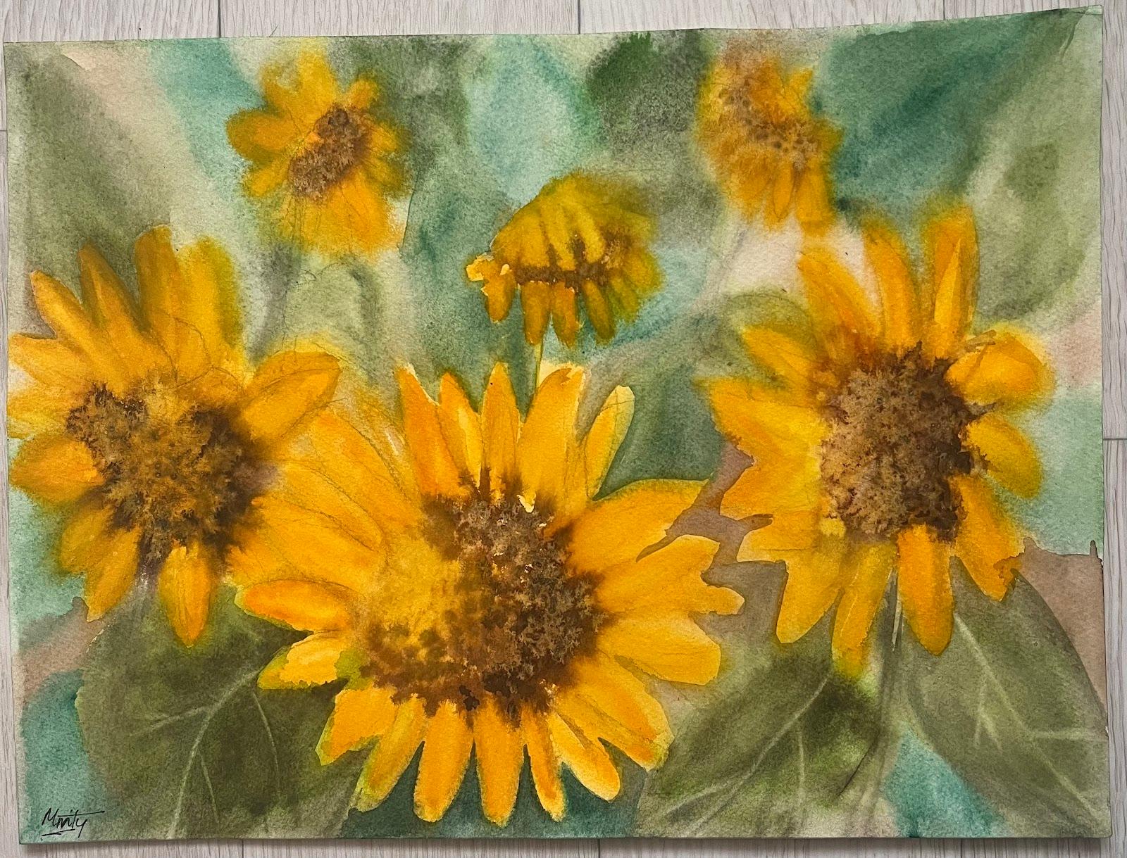 Campo de girasoles en Montsi Pintura abstracta en acuarela Contemporánea Británica - Painting de Minty Ramsey
