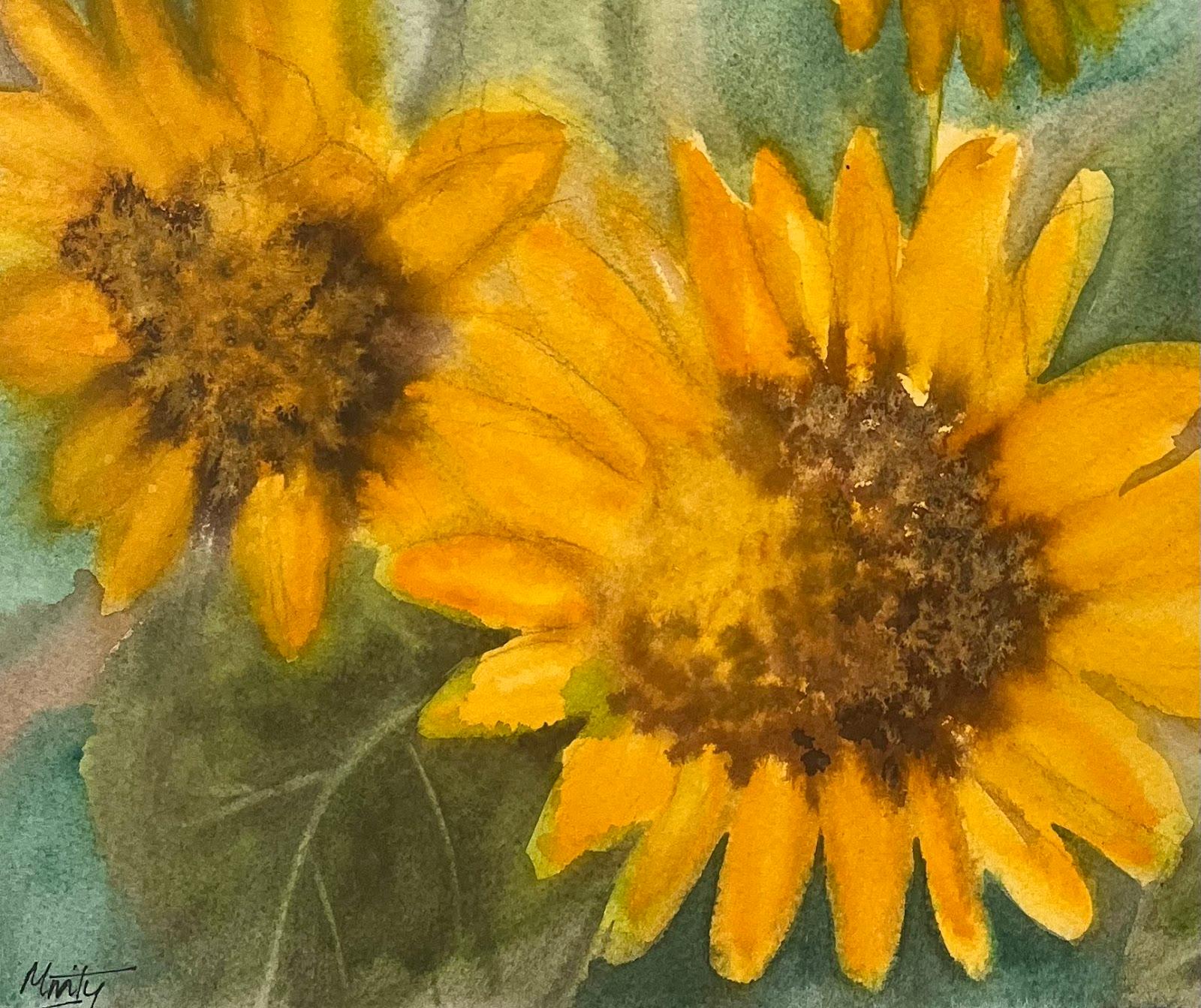 Campo de girasoles en Montsi Pintura abstracta en acuarela Contemporánea Británica - Still-Life Painting Marrón de Minty Ramsey