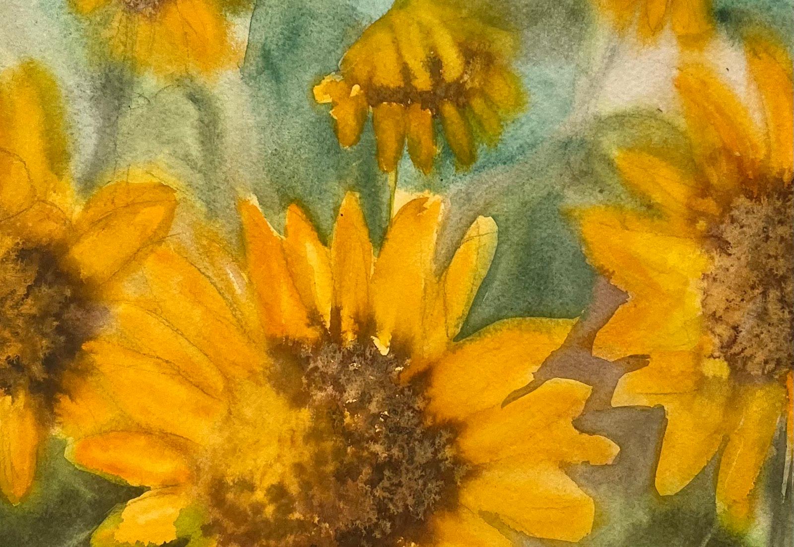 Campo de girasoles en Montisi
 Minty Ramsey
Técnica: Acuarela sobre papel
Tamaño: 11 x 14,75 pulgadas

Estado: Excelente, con colores vibrantes y mínimos signos de desgaste

Descripción:
Una vibrante acuarela pintada por una prometedora artista