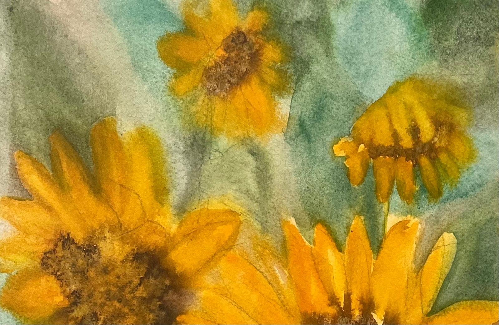 Campo de girasoles en Montsi Pintura abstracta en acuarela Contemporánea Británica en venta 1