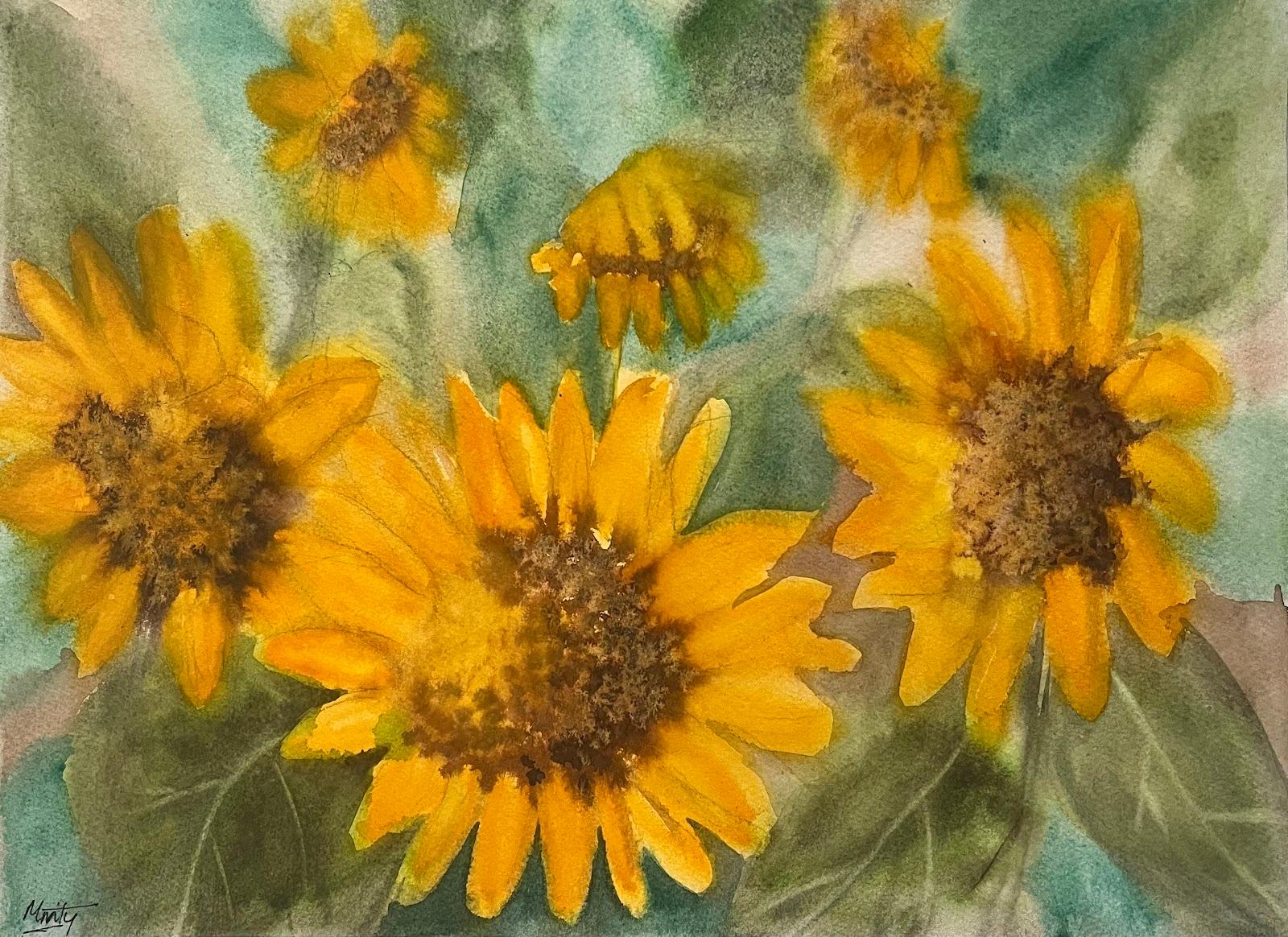 Champ de tournesols à AM Contemporary Peinture abstraite à l'aquarelle Contemporary British